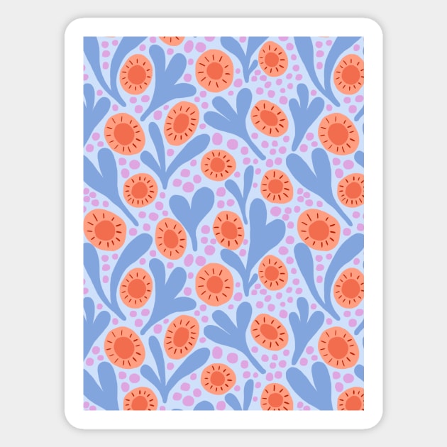 Wild colorful boho floral pattern in light blue and coral Sticker by Natalisa